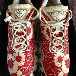 Prada Rosso Bianco Floral Lace-Up Sneakers